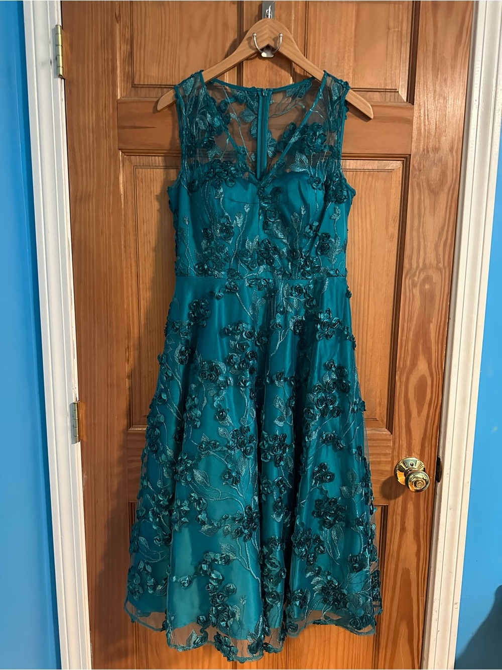Eliza J Teal Floral Appliqué Dress